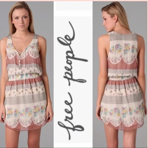Vtg Fall Free People M Floral Lace Up Chiffon Mini Dress Prairie Cottage - Picture 2 of 6
